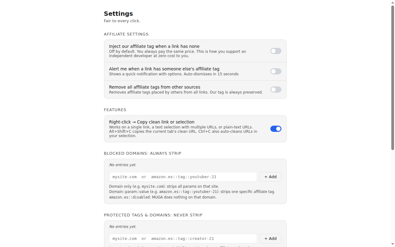 MUGA options page with per-site rules